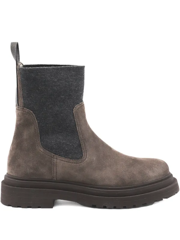 Brunello Cucinelli Suede Boots with Knit Insert and Precious Monili Loop Detail in Brown