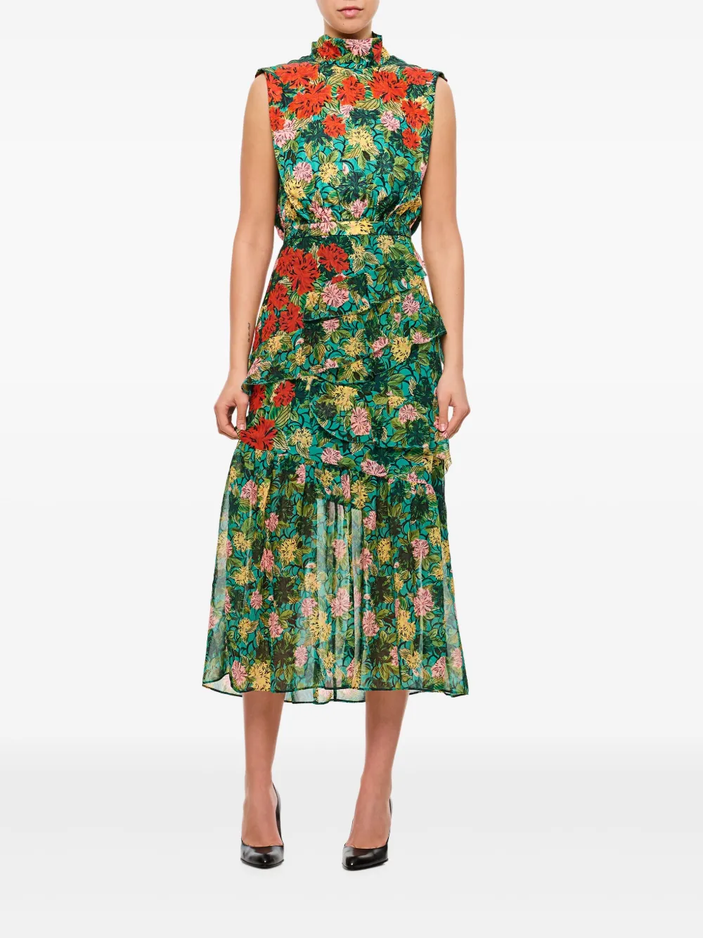 Saloni Jurk met bloemenprint en ruches - Groen