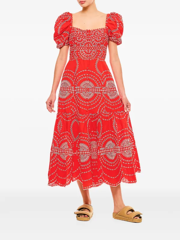Charo Ruiz Ibiza puff-sleeve Embroidered Midi Dress | Red | FARFETCH UK