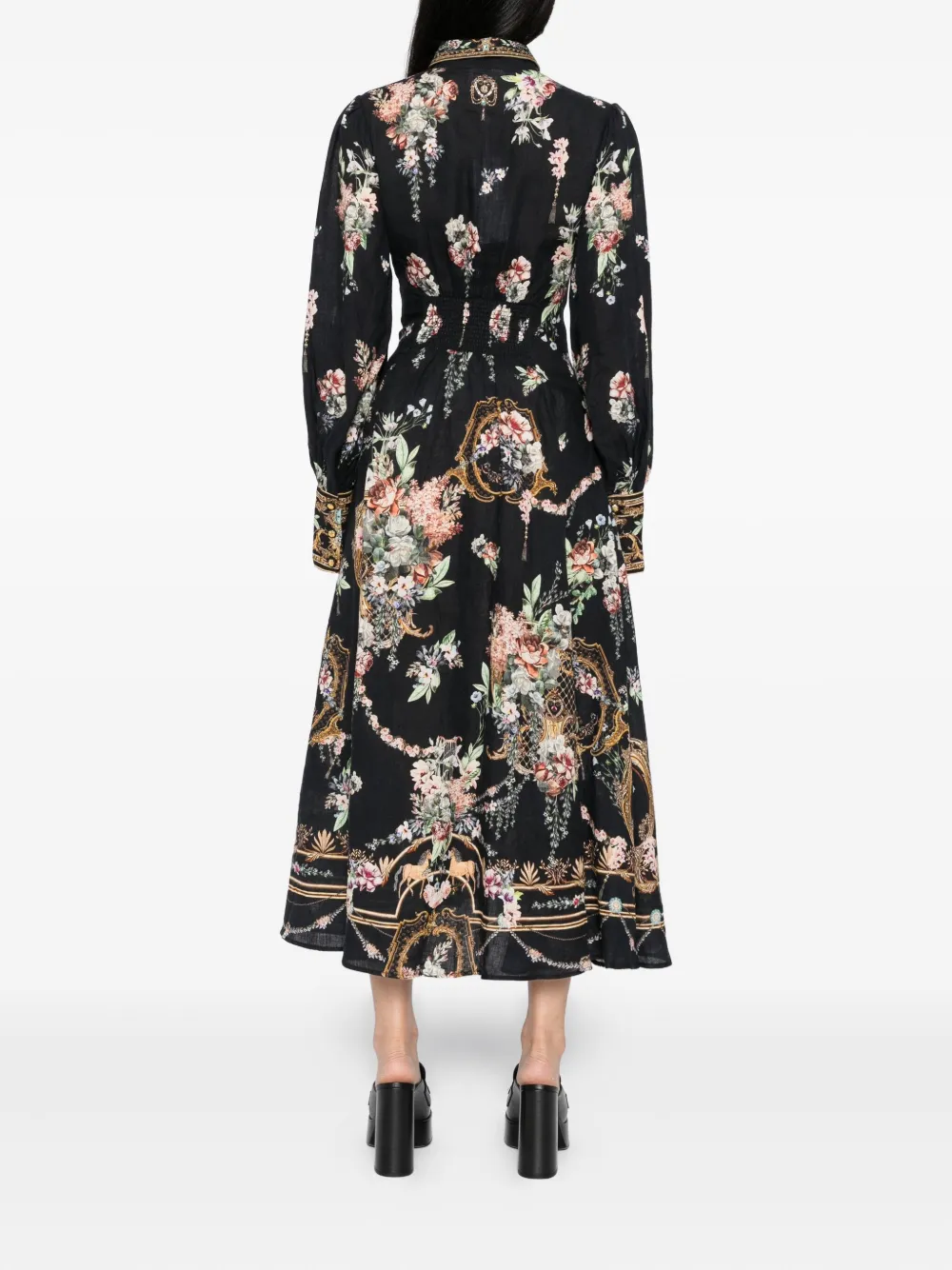 Camilla floral-print linen dress Zwart