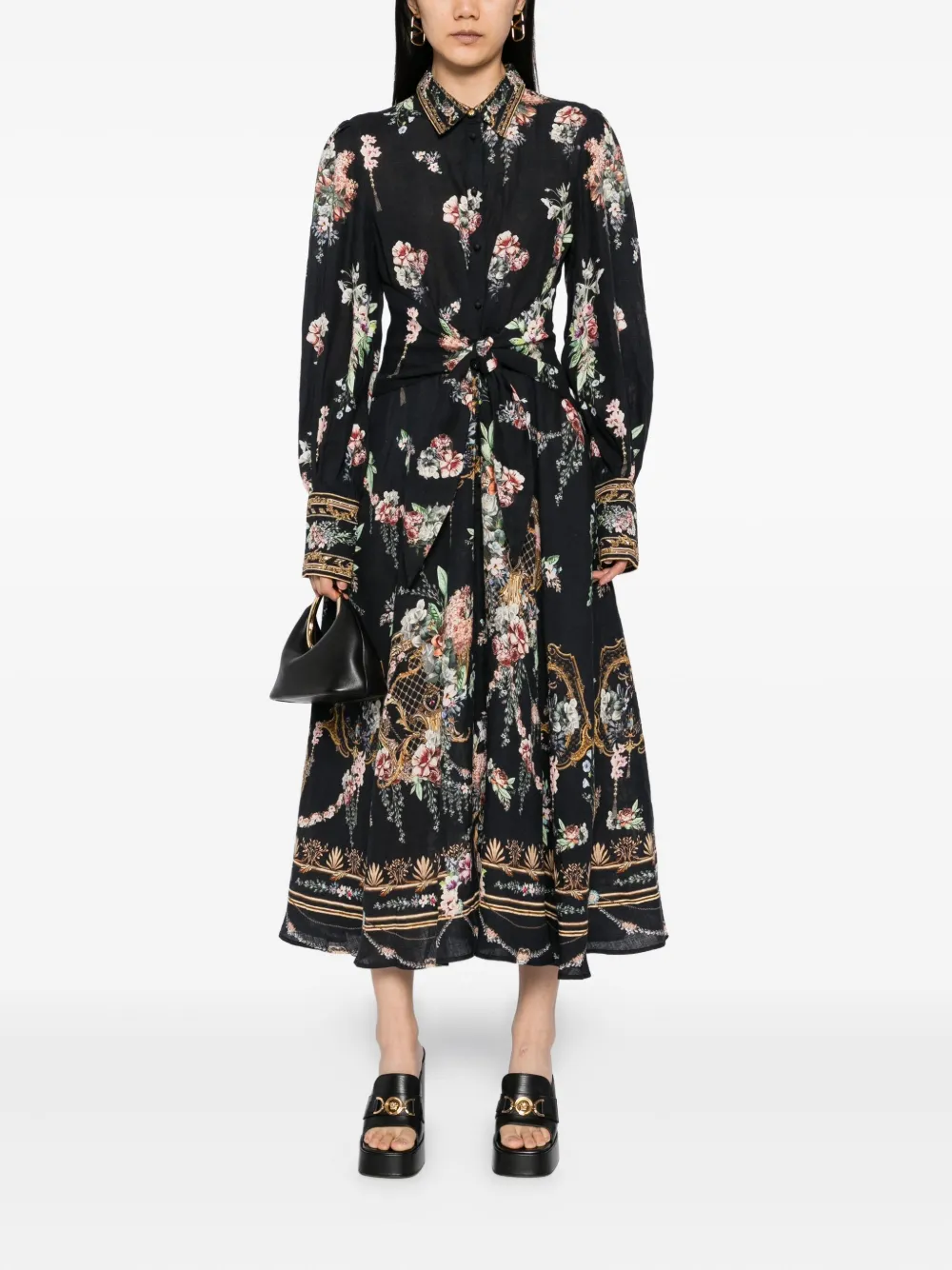 Camilla floral-print linen dress Zwart
