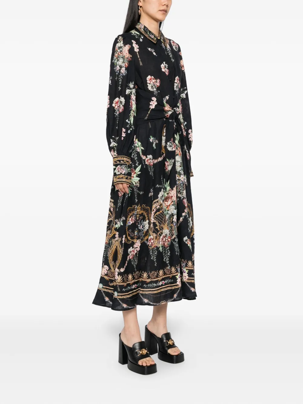 Camilla floral-print linen dress Zwart