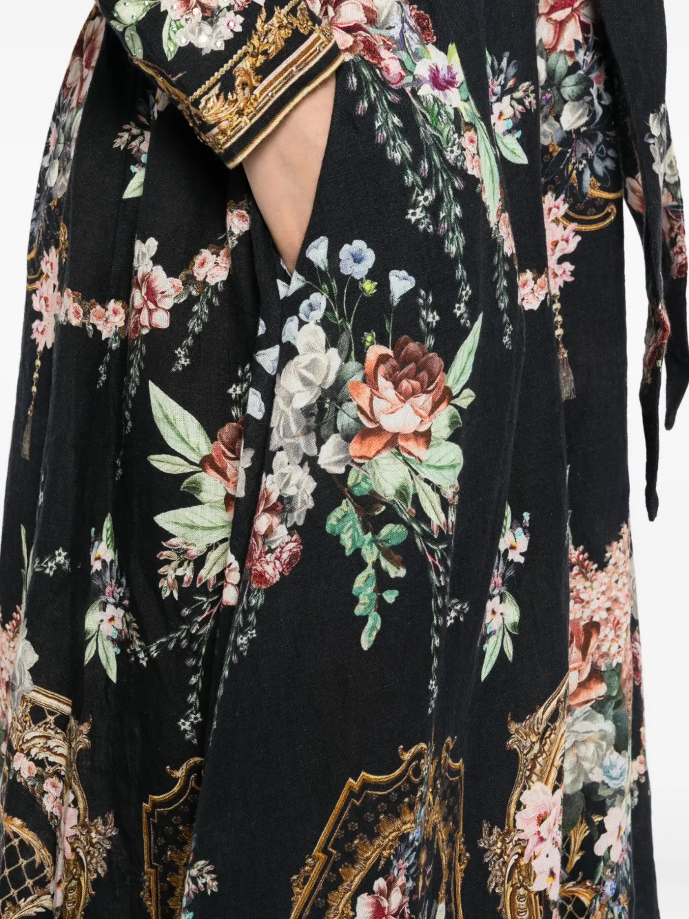 Camilla floral-print linen dress Zwart