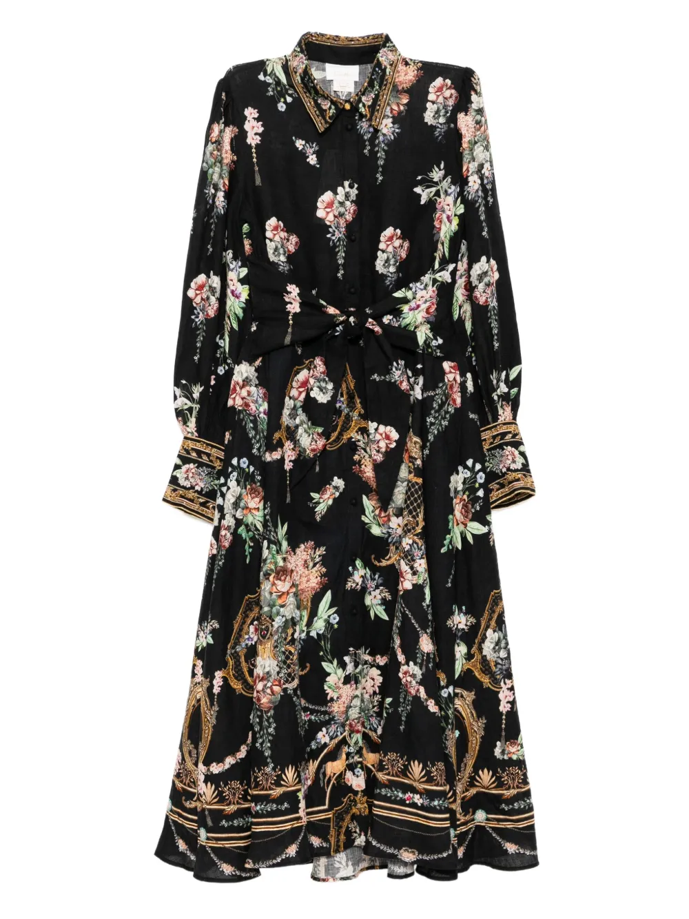 Camilla floral-print linen dress Zwart