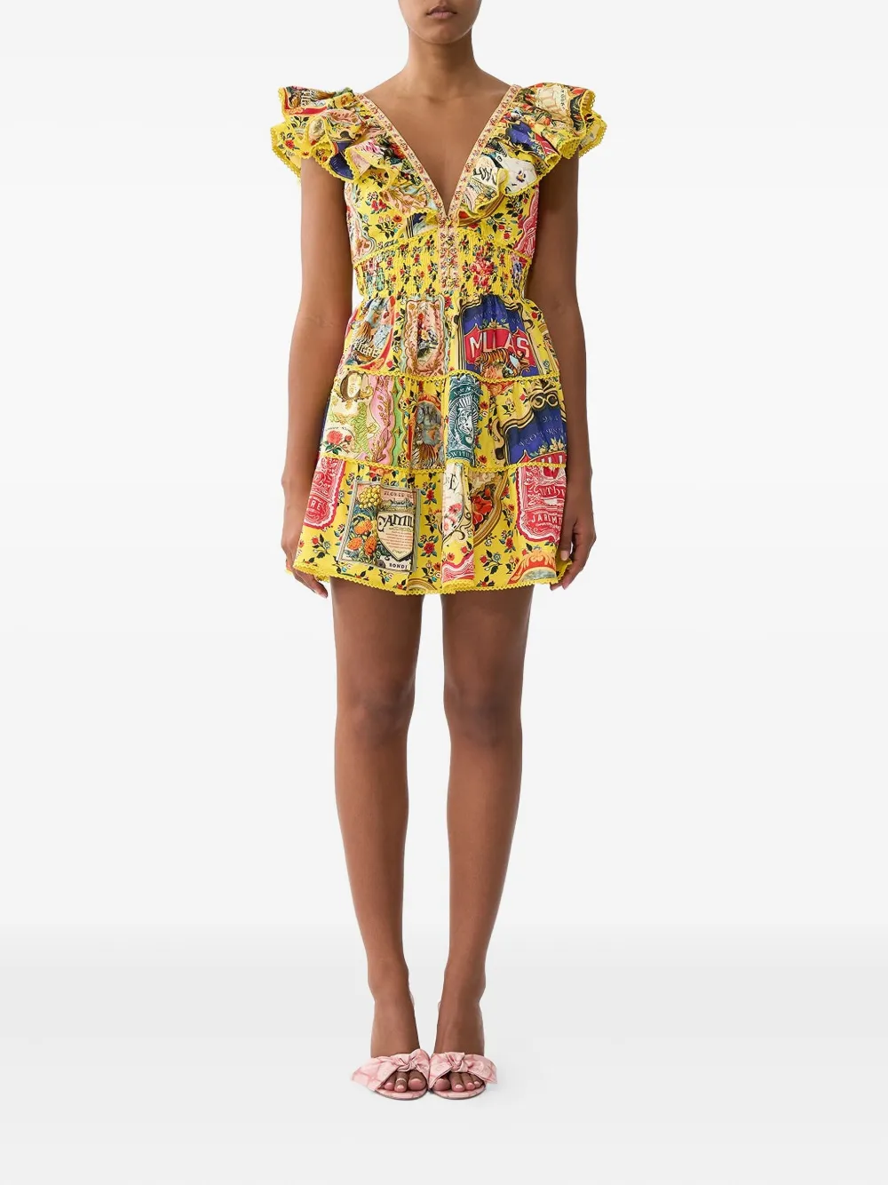 Camilla neck-frill mini dress - Geel