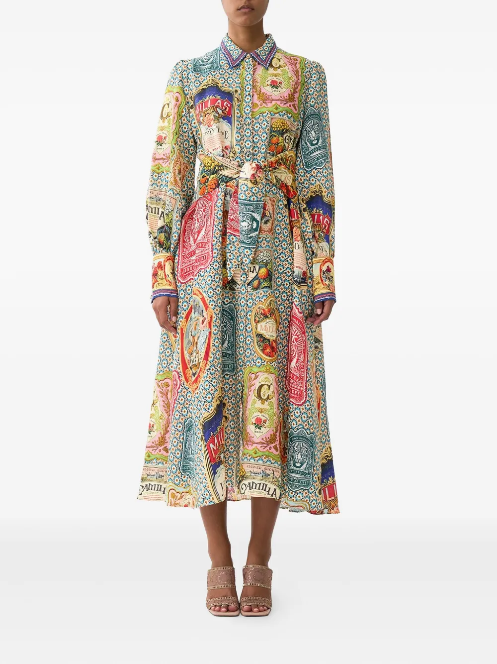 Camilla waist-tie shirt midi dress - Blauw