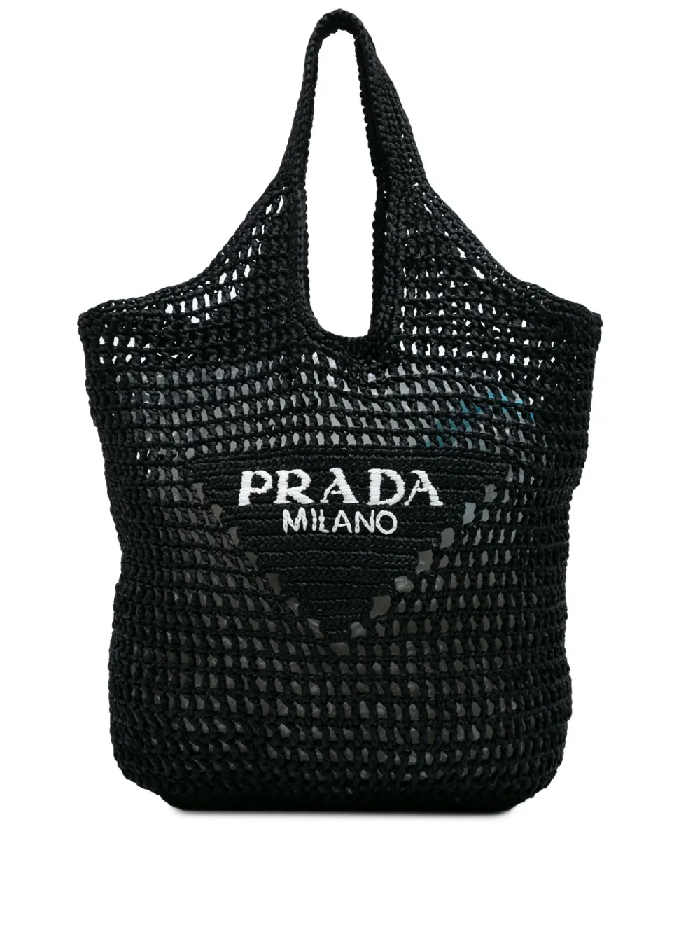 Pre-owned Prada 2010-2024 Raffia Effect Crochet Logo Embroidered Shopping Tote Bag