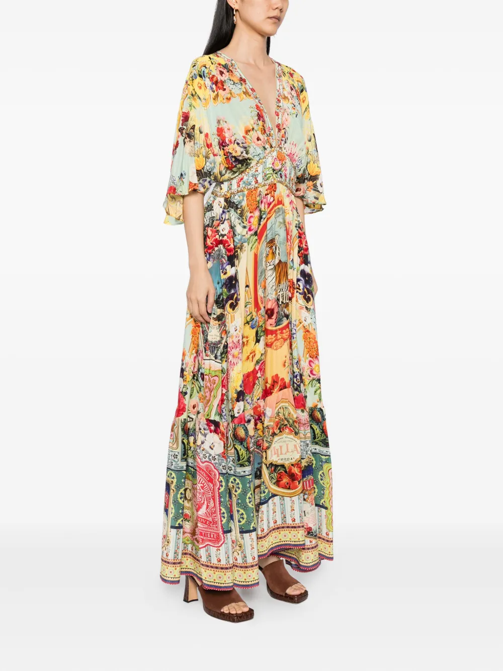 Camilla floral-print silk dress Groen
