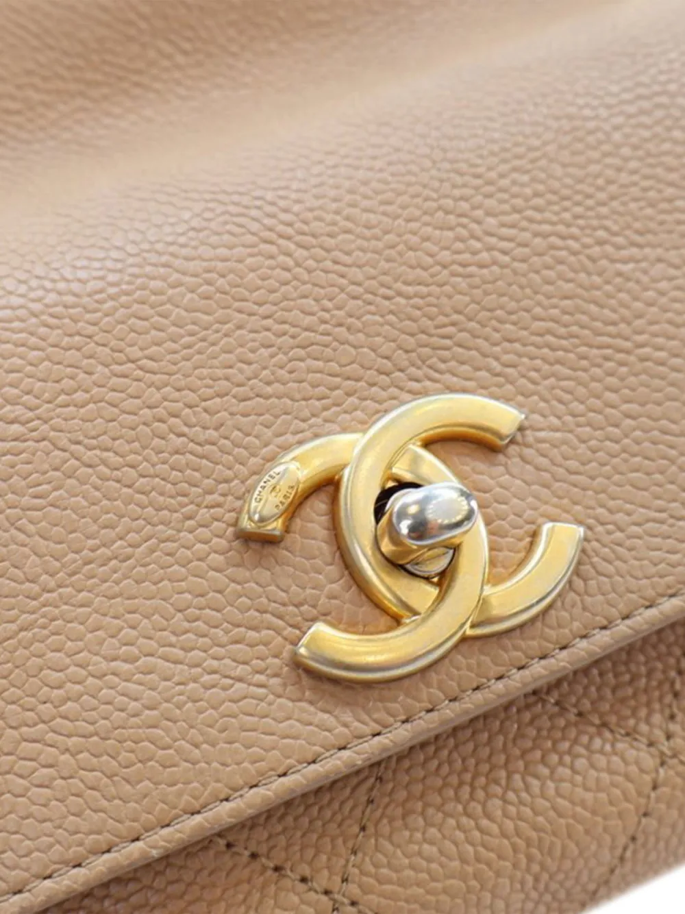 Pre-owned Chanel 2016-2017 Small Stitched Caviar Cc Lock Top Handle Flap Satchel In Brown
