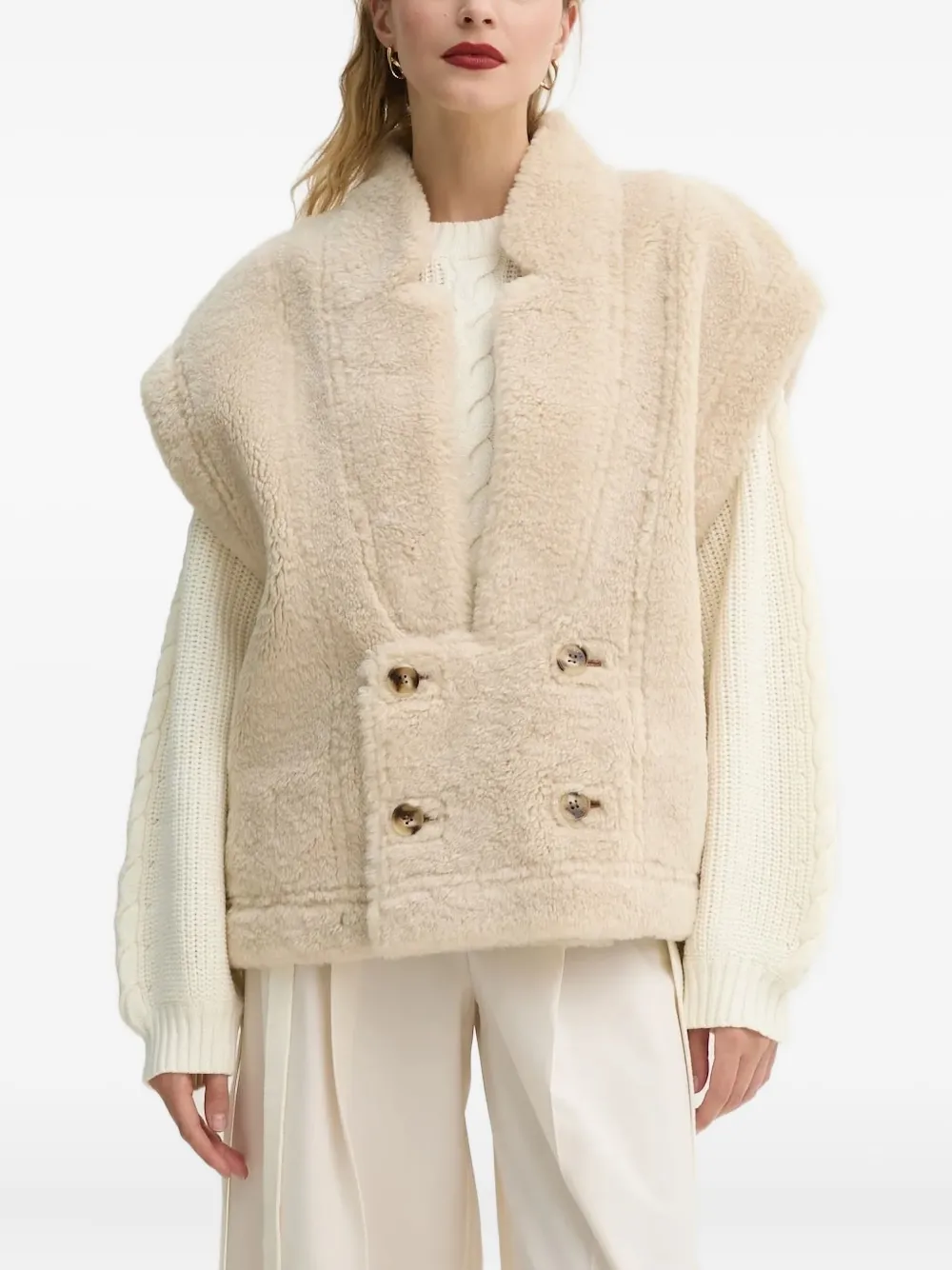 Munthe Double-breasted Faux-shearling Vest In Neutral