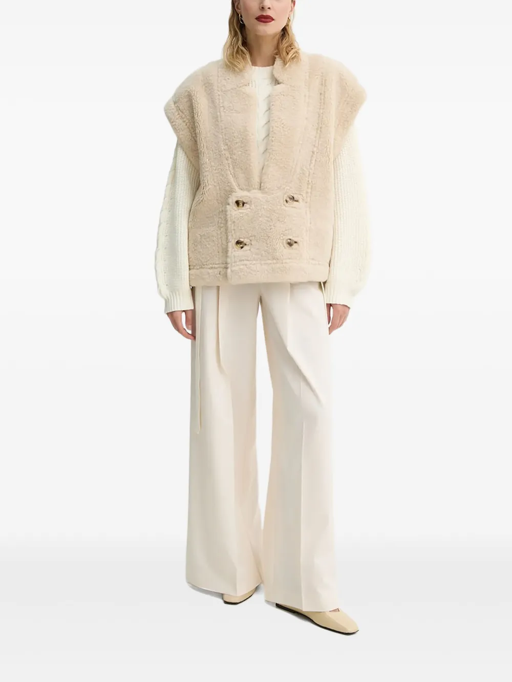 Munthe Double-breasted Faux-shearling Vest In Neutral