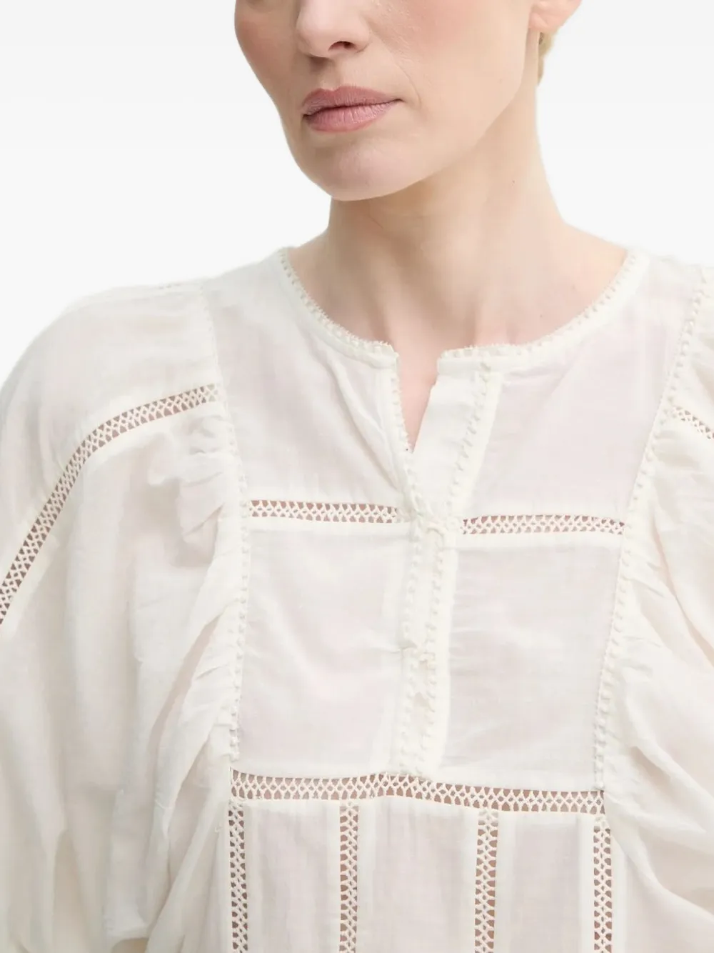 MUNTHE Top met pofmouwen en kanten vlakken Wit