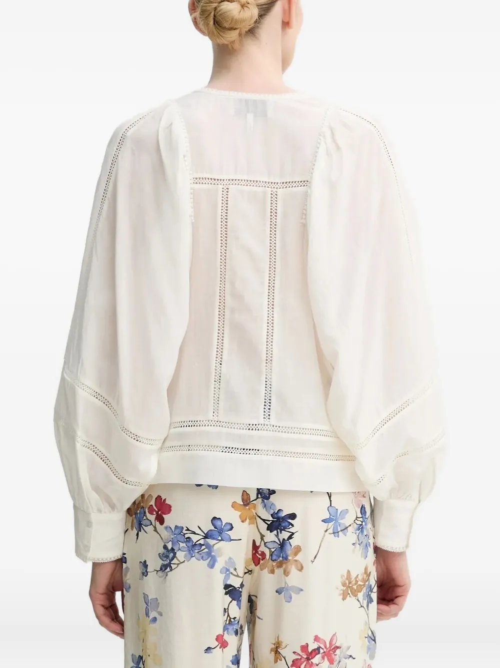 MUNTHE Top met pofmouwen en kanten vlakken - Wit
