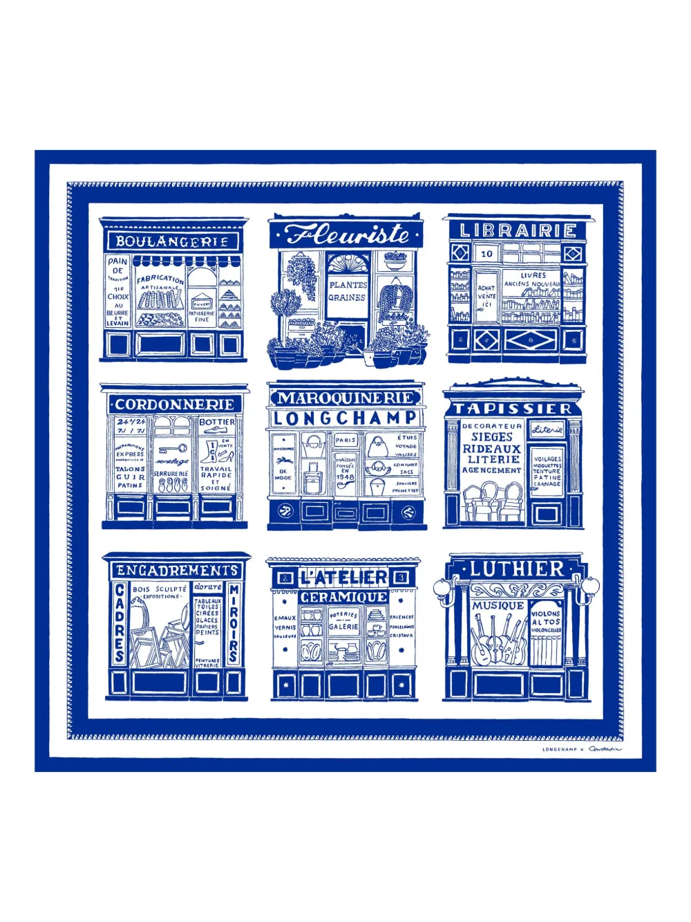 Longchamp Les Artisans de Paris printed silk scarf Blauw
