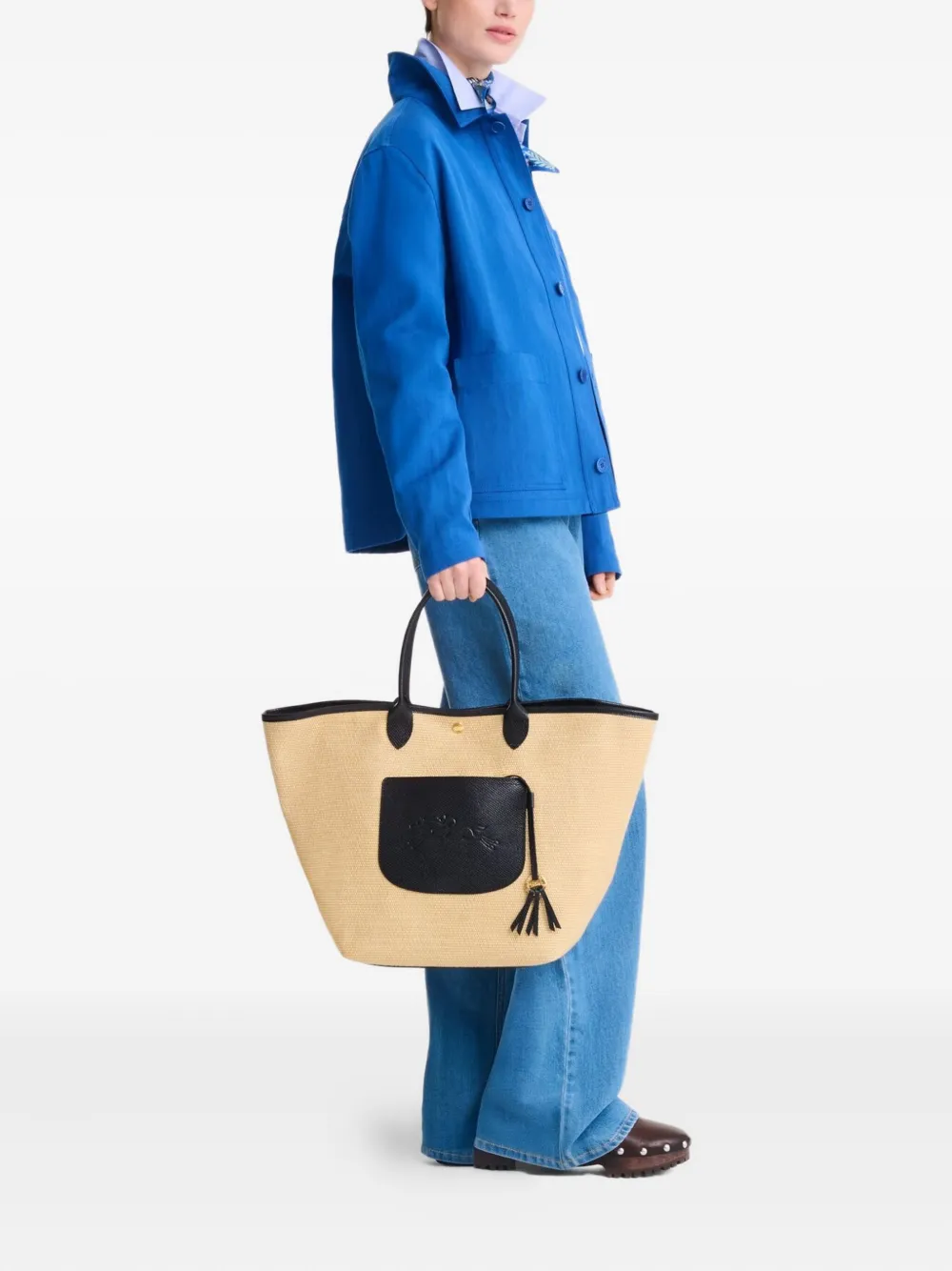 Longchamp Le Pilage woven straw tote bag - Zwart