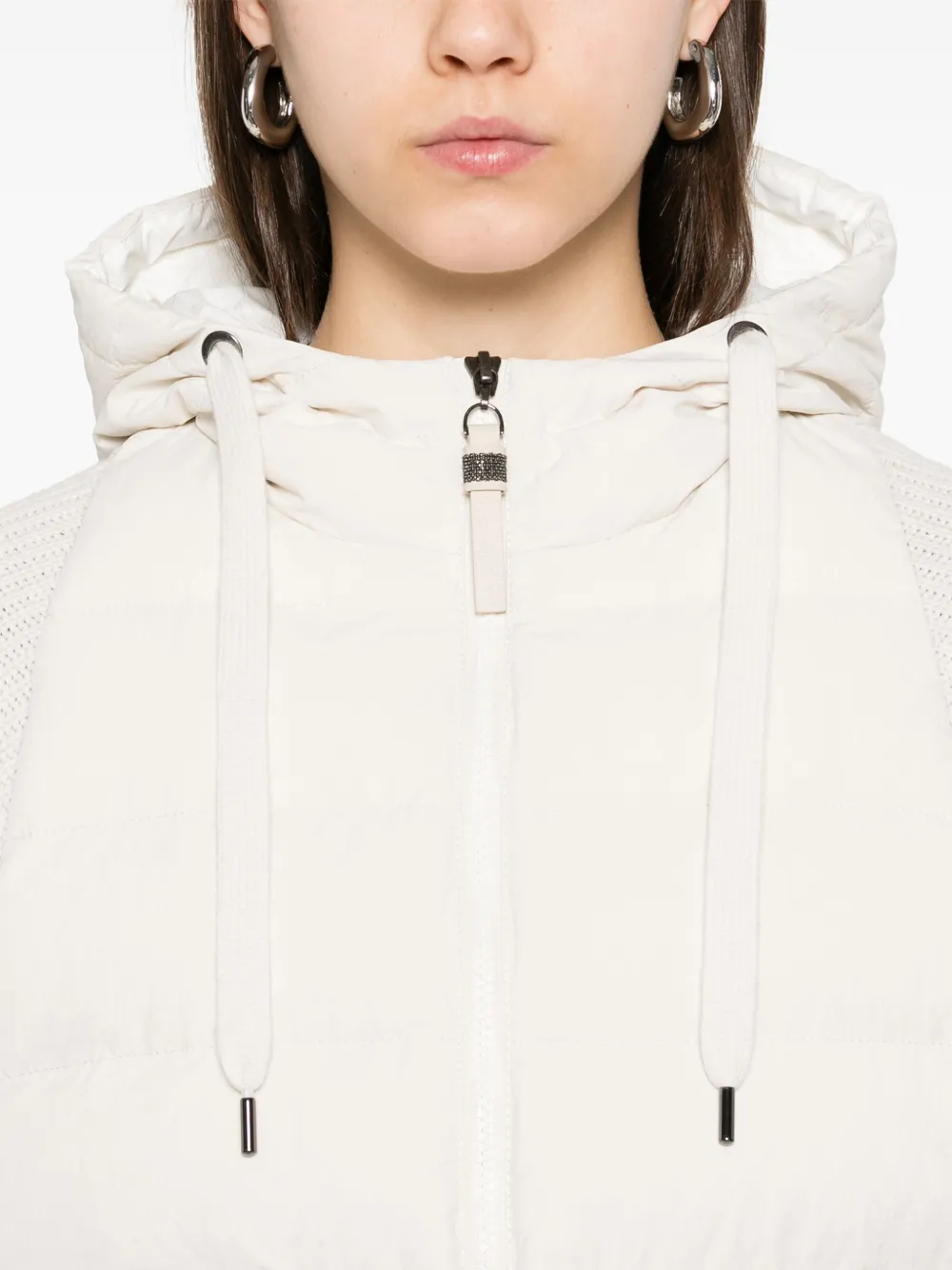 Brunello Cucinelli Cream-colored Short Down Jacket With Knitted Sleeves