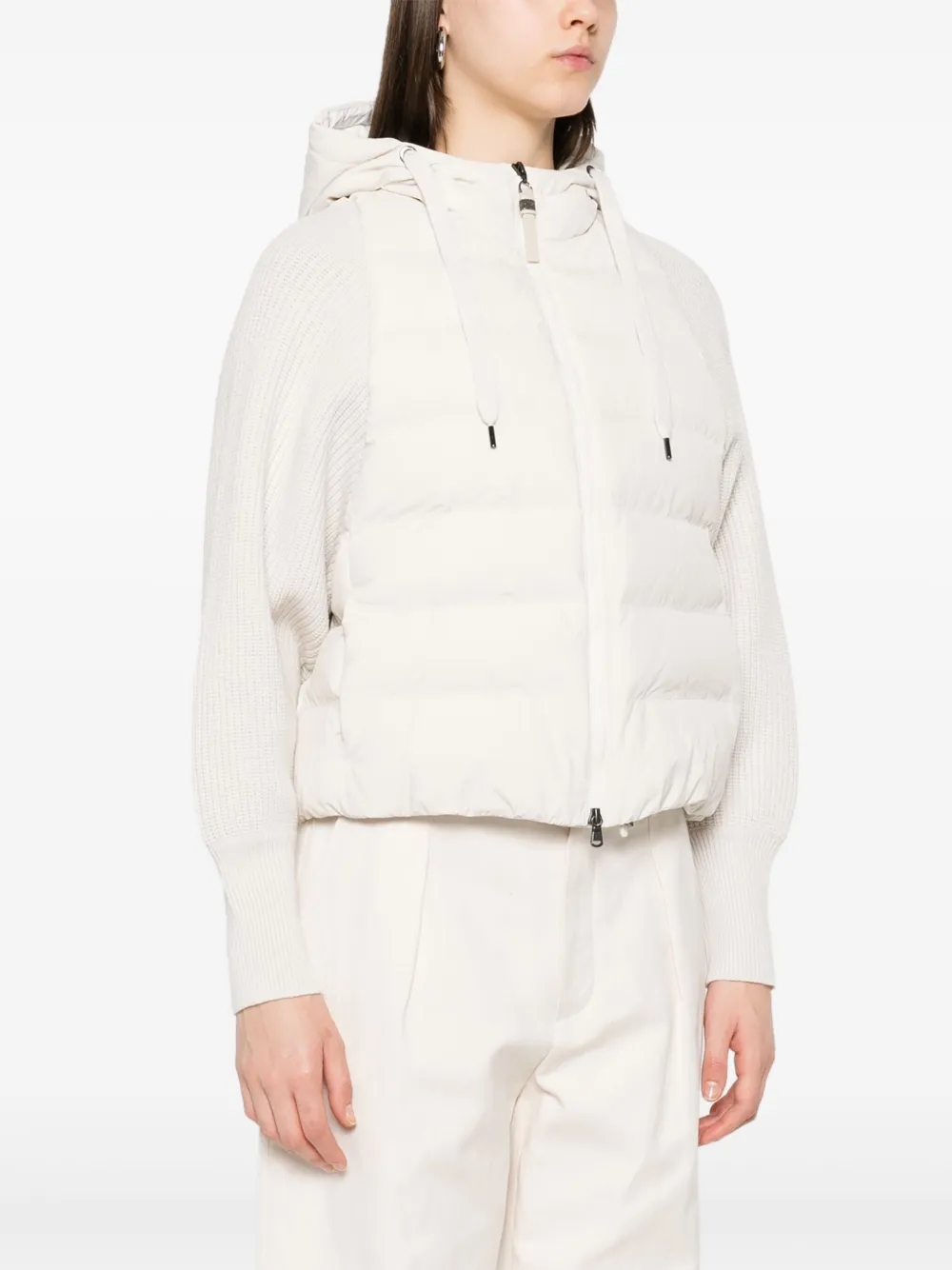 Brunello Cucinelli Cream-colored Short Down Jacket With Knitted Sleeves