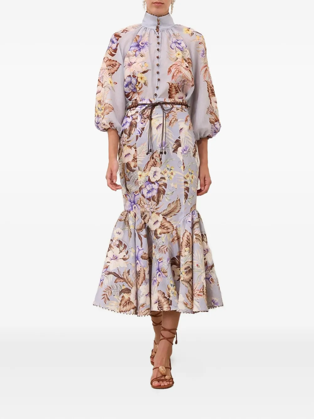 Zimmermann Coco Fit And Flare Midi Skirt In Powder Blue Multi Floral In Purple