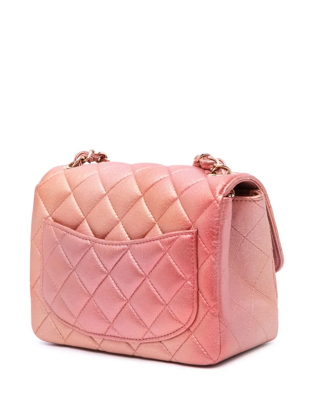 Pre-owned Chanel 2021 Mini Square Iridescent Calfskin Flap Crossbody Bag In Orange
