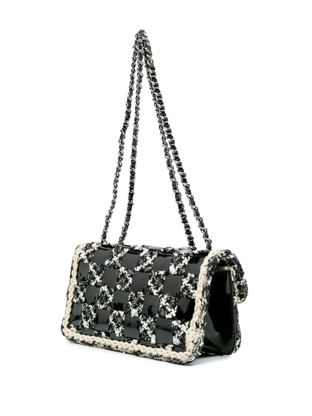 Pre-owned Chanel 2004-2005 Mini Woven Patent And Tweed Chessboard Single Flap Shoulder Bag