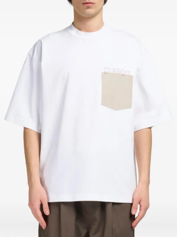 Marni Cotton T-shirt with Contrast Pocket in White