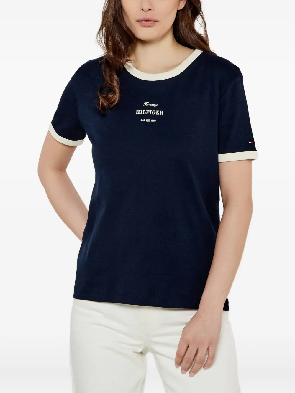 Tommy Hilfiger Two-toned Embossed-logo T-shirt In Blue