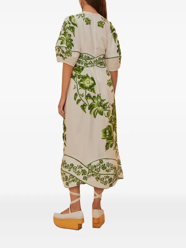 farm rio floral gathered bodice midi dress FARM Rio Gathered Floral-Print Crepe De Chine Midi Dress