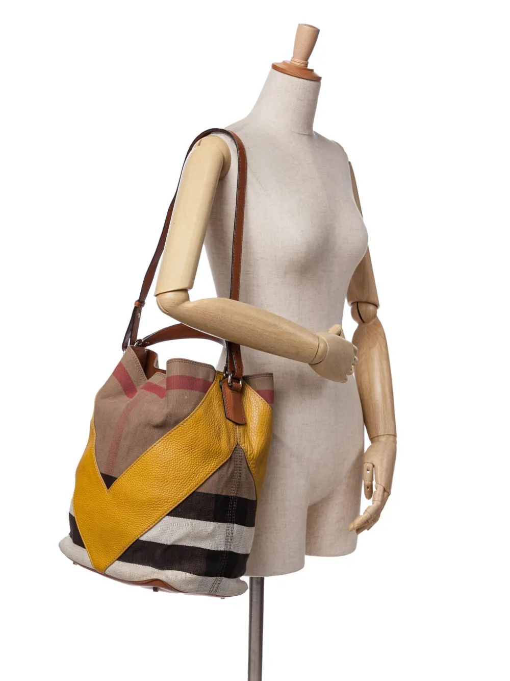 Burberry Pre-Owned 2000-2017 Medium Mega Check Canvas and Calfskin Chevron Ashby Bucket satchel | Pre-Owned | Image 2