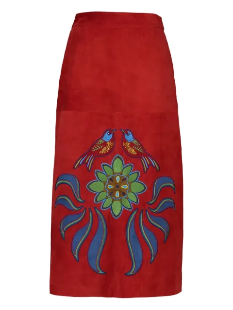 PAULA Corvus bird-embroidered suede skirt