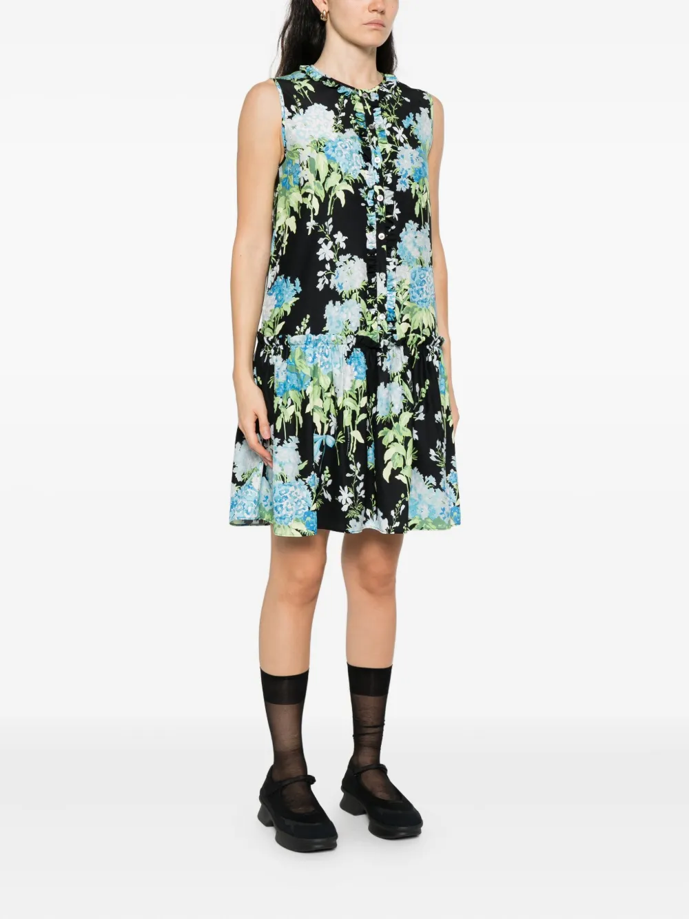 Moschino floral ruffled mini day dress Zwart