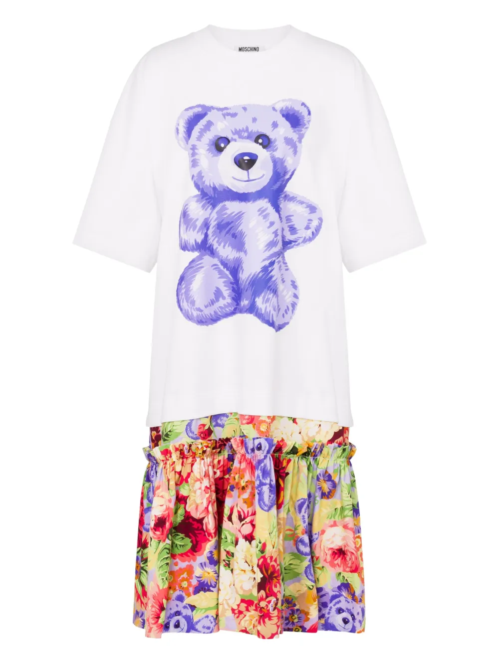 Moschino Mini-jurk met teddybeer en rok met bloemen Wit