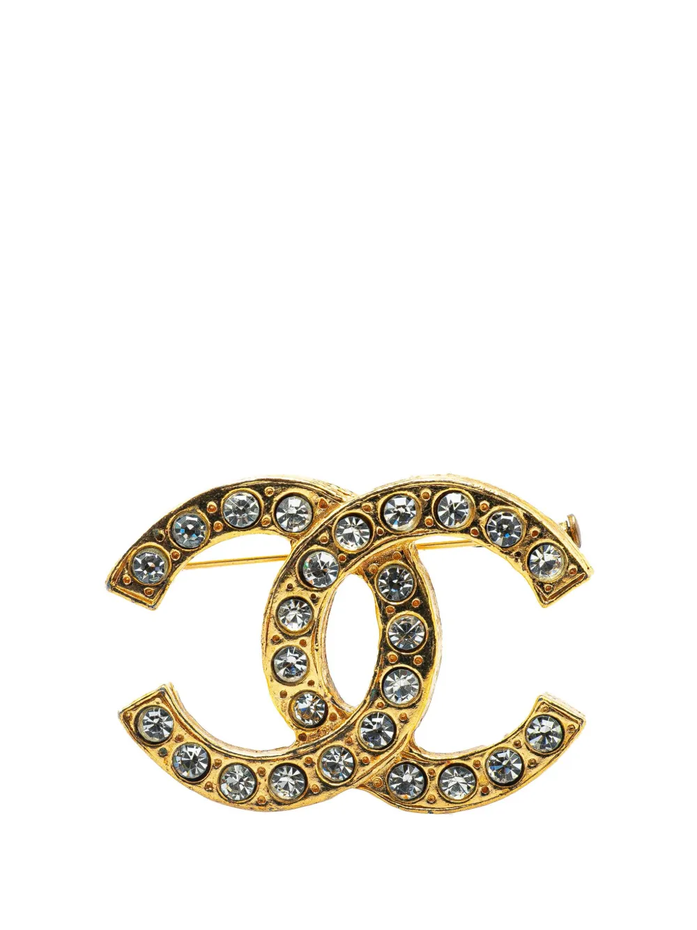 Pre-owned Chanel 1970-1980 Gold Plated Cc Rhinestone Brooch Costume Brooch