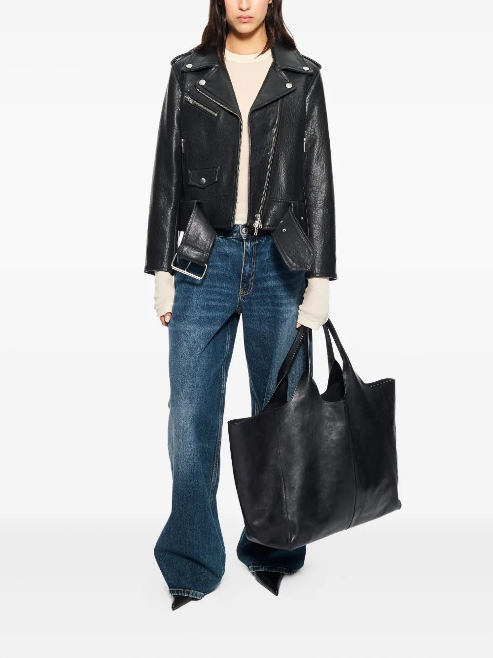 Stand Studio Zippered Long-sleeved Leather Jacket In Black