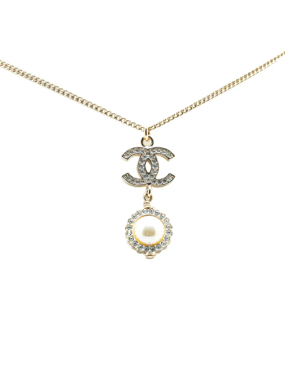 CHANEL Pre-Owned 2019 Gold Plated CC Faux Pearl Rhinestones Pendant CHANEL Pre-Owned 2019 Gold Plated CC Faux Pearl Rhinestones Pendant