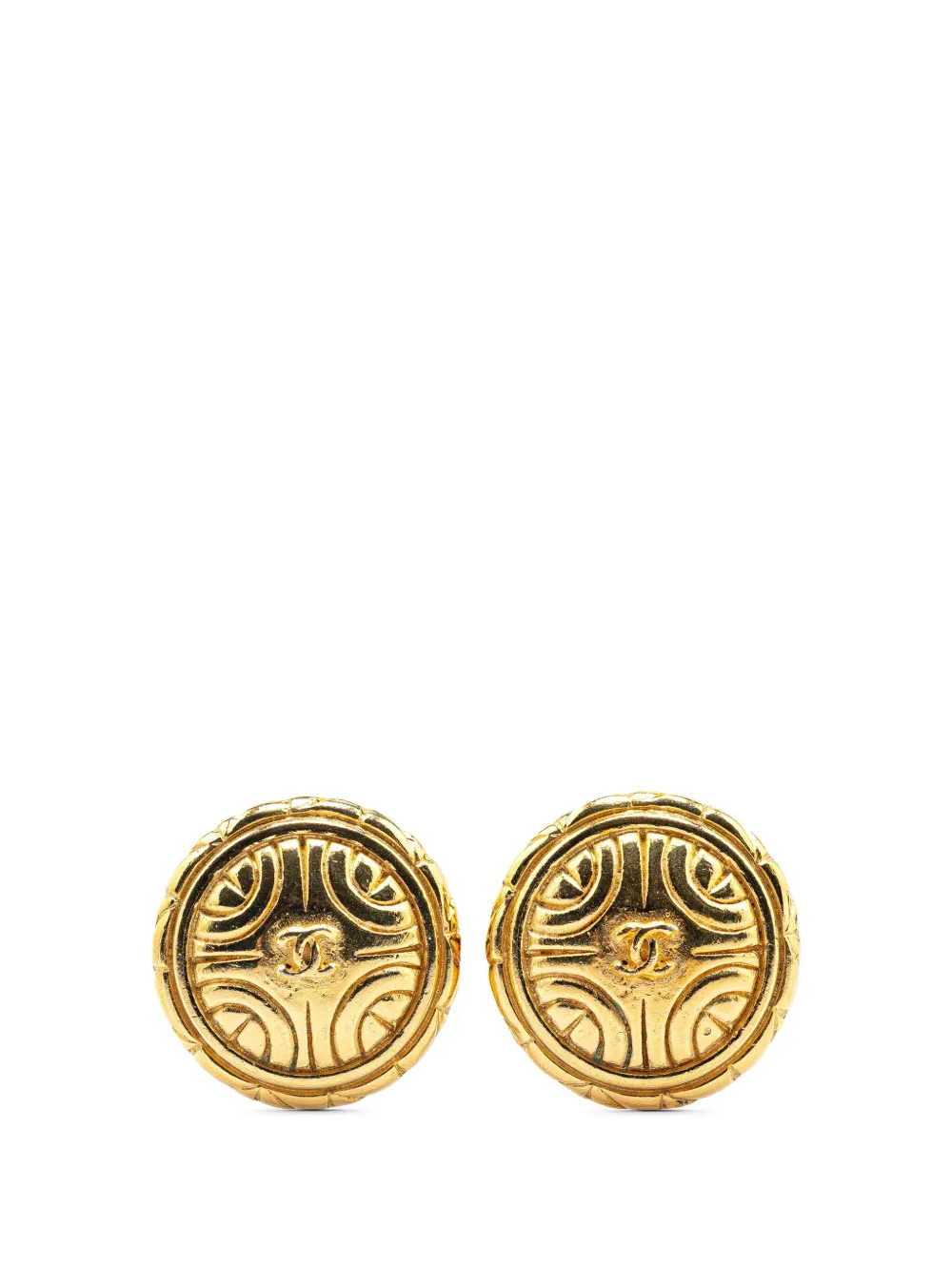 CHANEL Pre-Owned 1970-1980 Gold Plated CC Round Clip on Earrings CHANEL Pre-Owned 1970-1980 Gold Plated CC Round Clip on Earrings