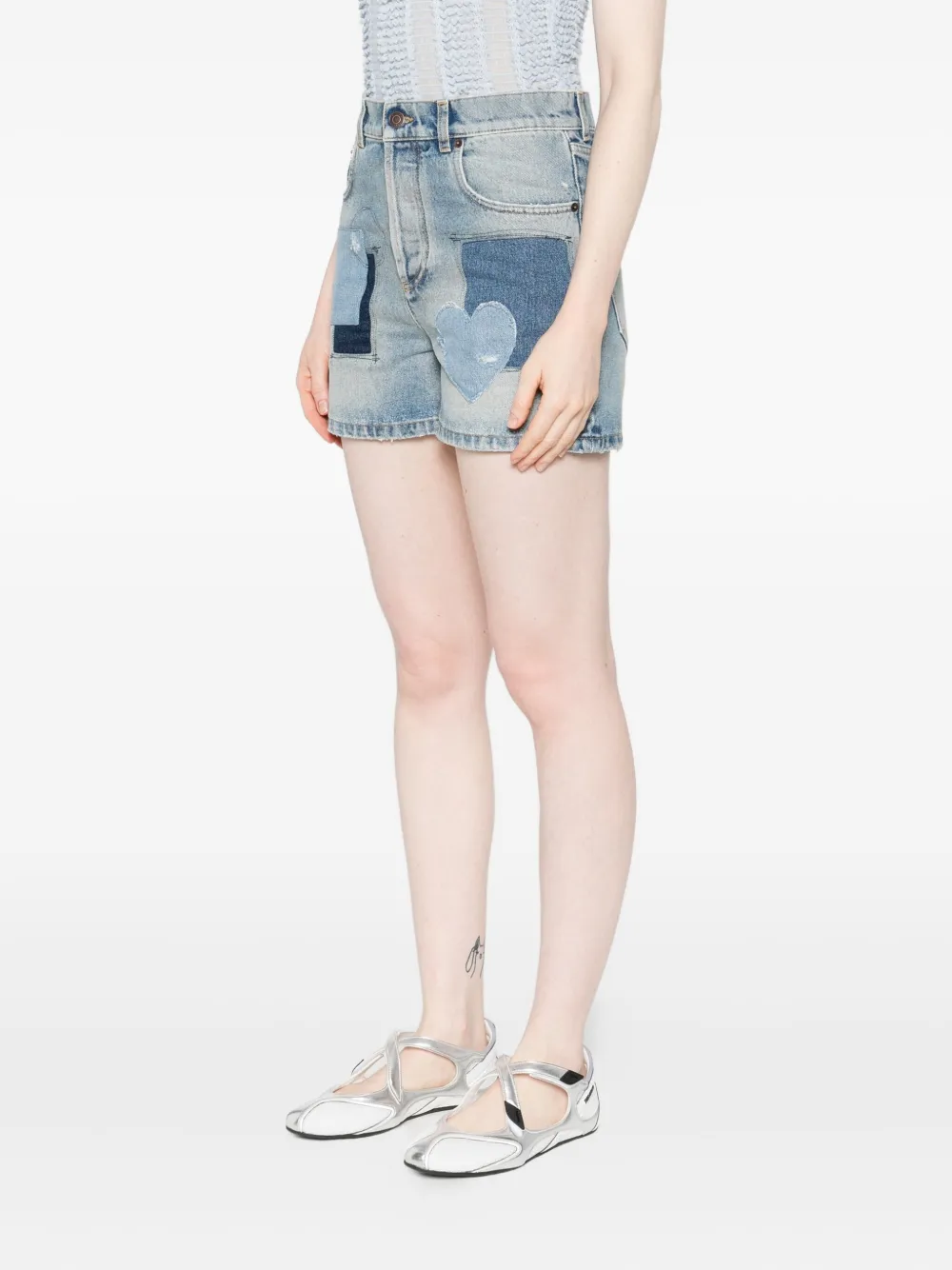 Moschino Patchwork Heart Denim Short Shorts In Blue