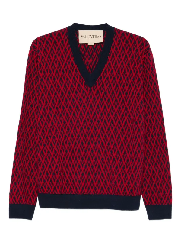 Valentino Garavani geometric-pattern V-neck Sweater | Red
