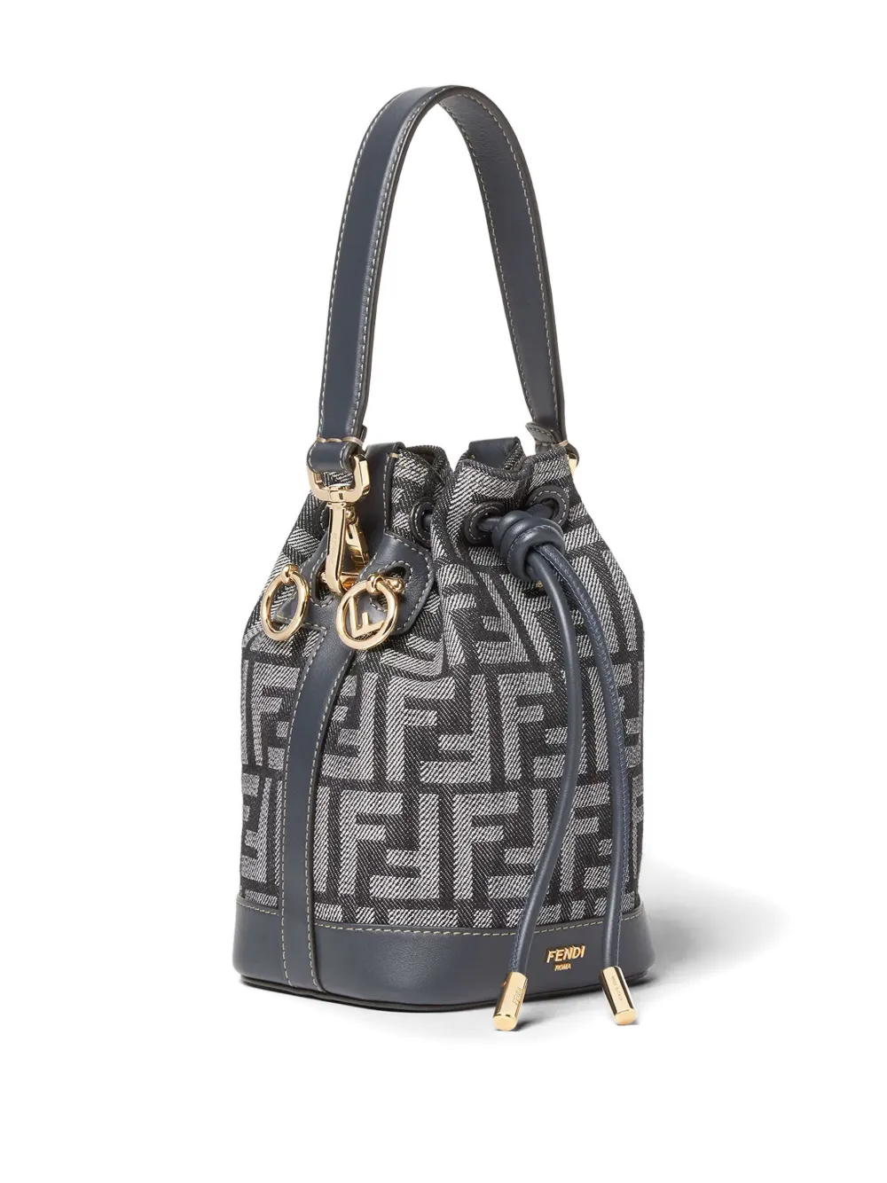 Fendi Mon Tresor Denim-effect Ff Jacquard Mini Bucket Bags In Blue