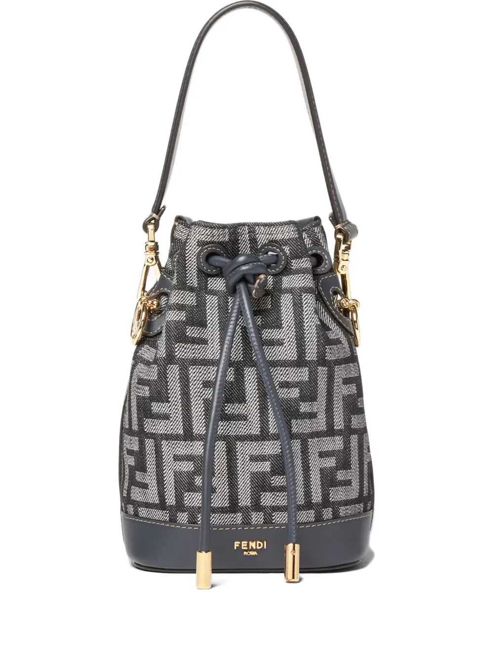 Fendi Mon Tresor Denim-effect Ff Jacquard Mini Bucket Bags In Blue