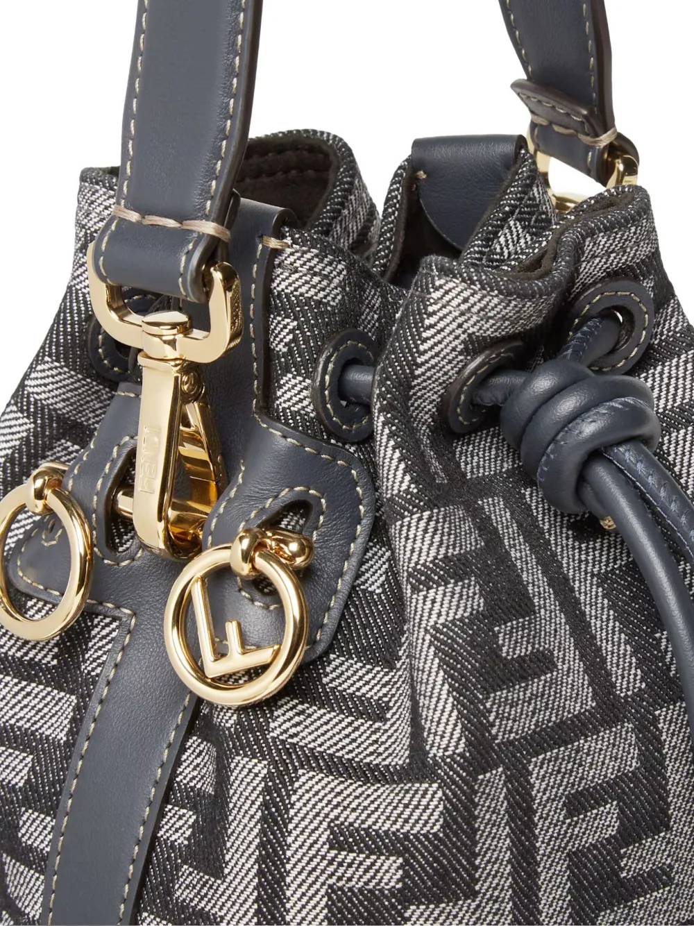 Fendi Mon Tresor Denim-effect Ff Jacquard Mini Bucket Bags In Blue