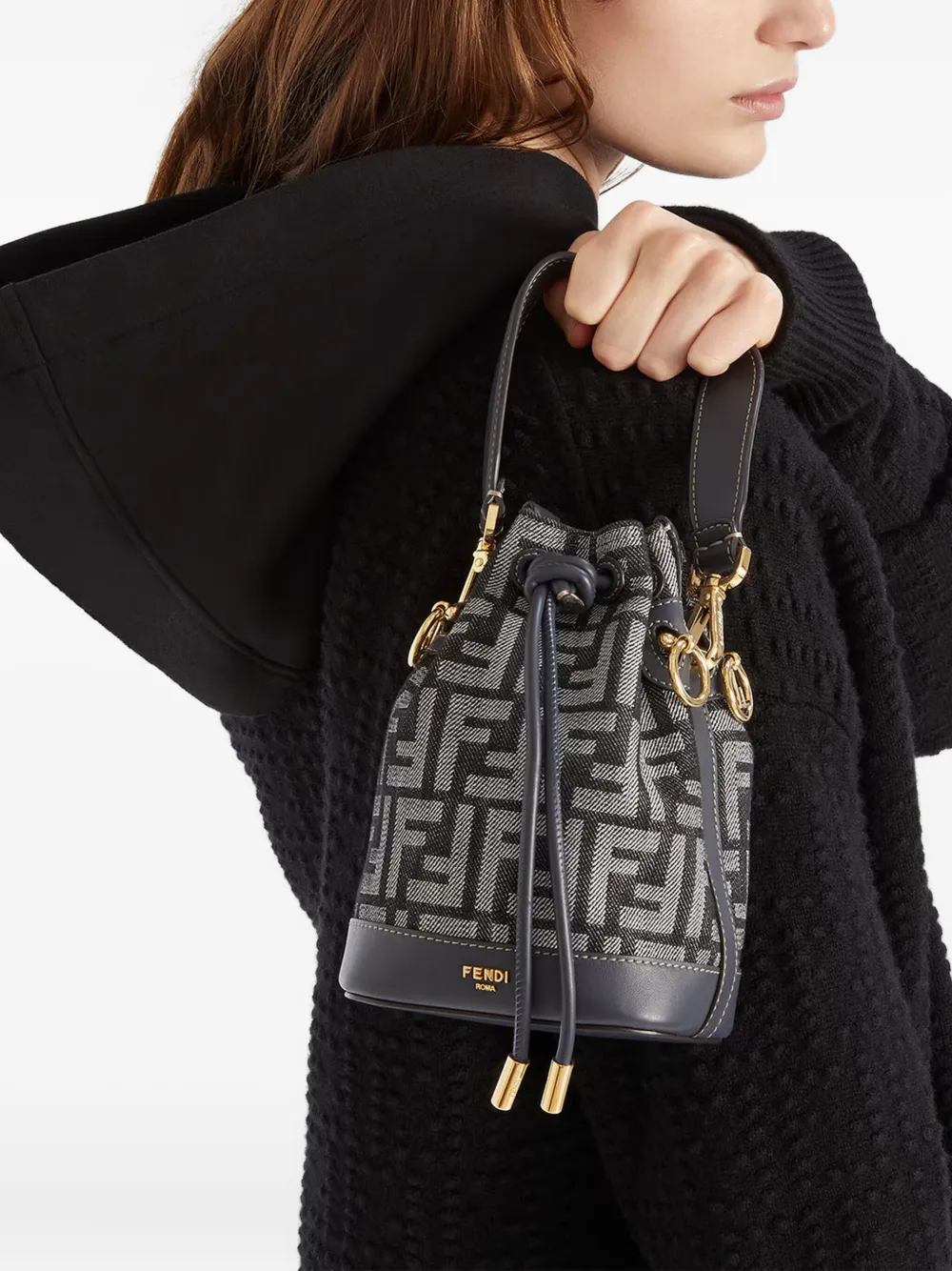Fendi Mon Tresor Denim-effect Ff Jacquard Mini Bucket Bags In Blue