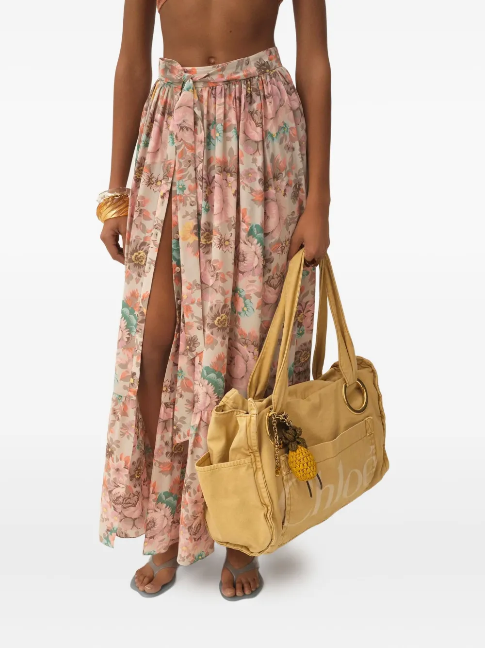 Chloé Strandrok met ruches en bloemenprint Beige