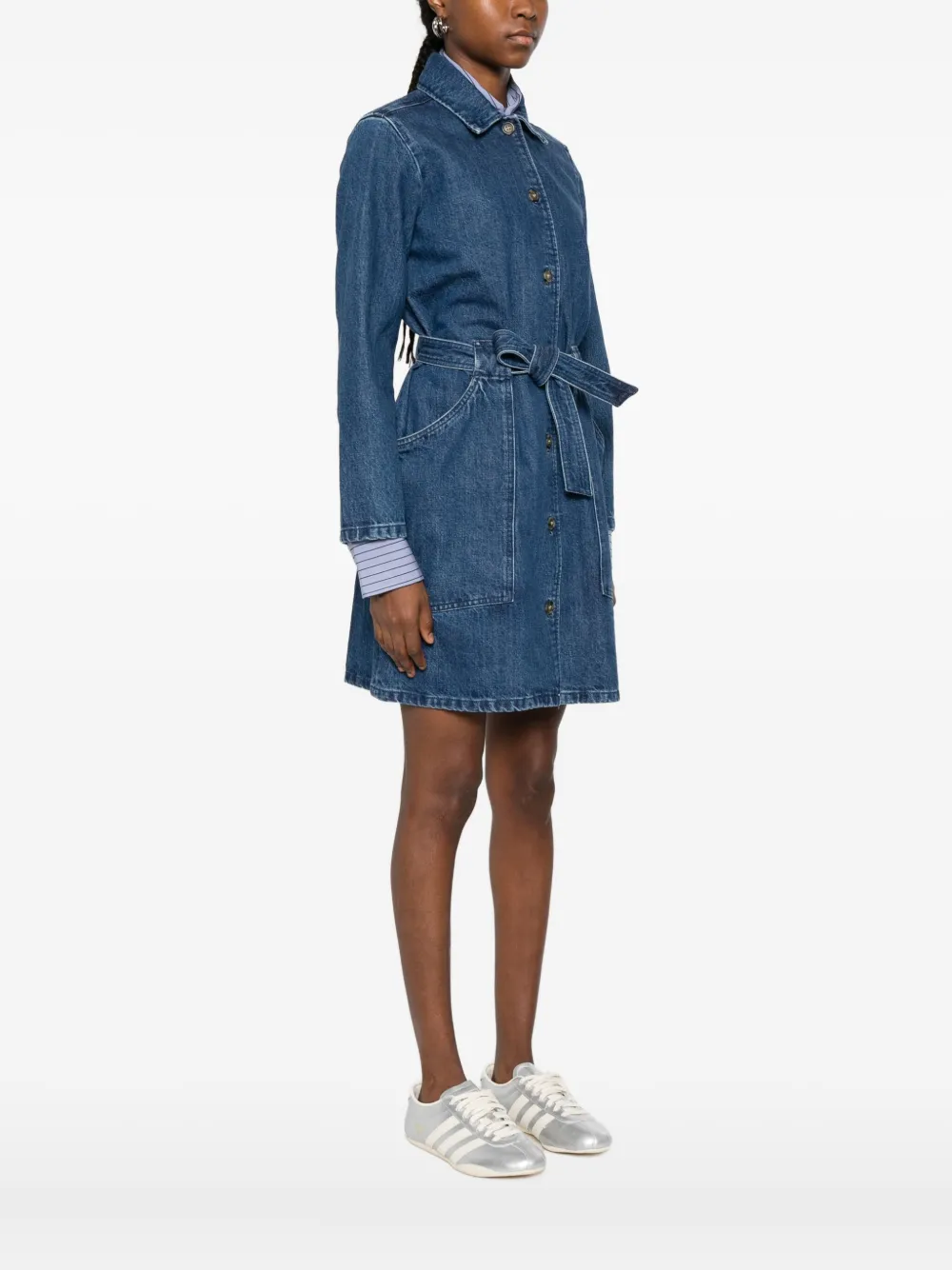 Apc Casual Dress With Belted Waist And Pockets In Blue