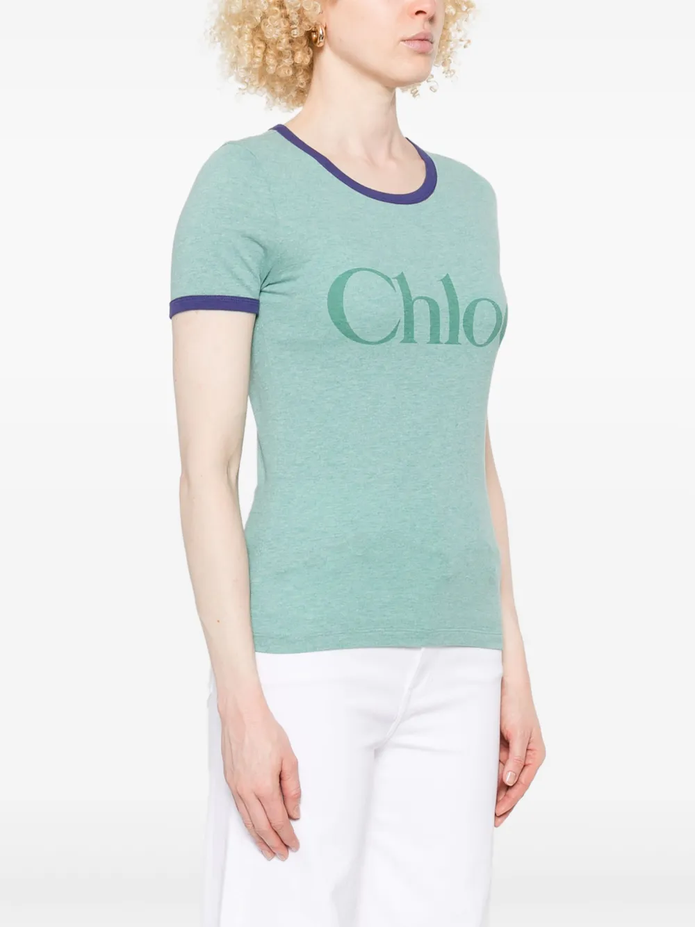 Chloé Green Crewneck T-shirt With Logo Lettering Print On The Front In Cotton Woman In Green