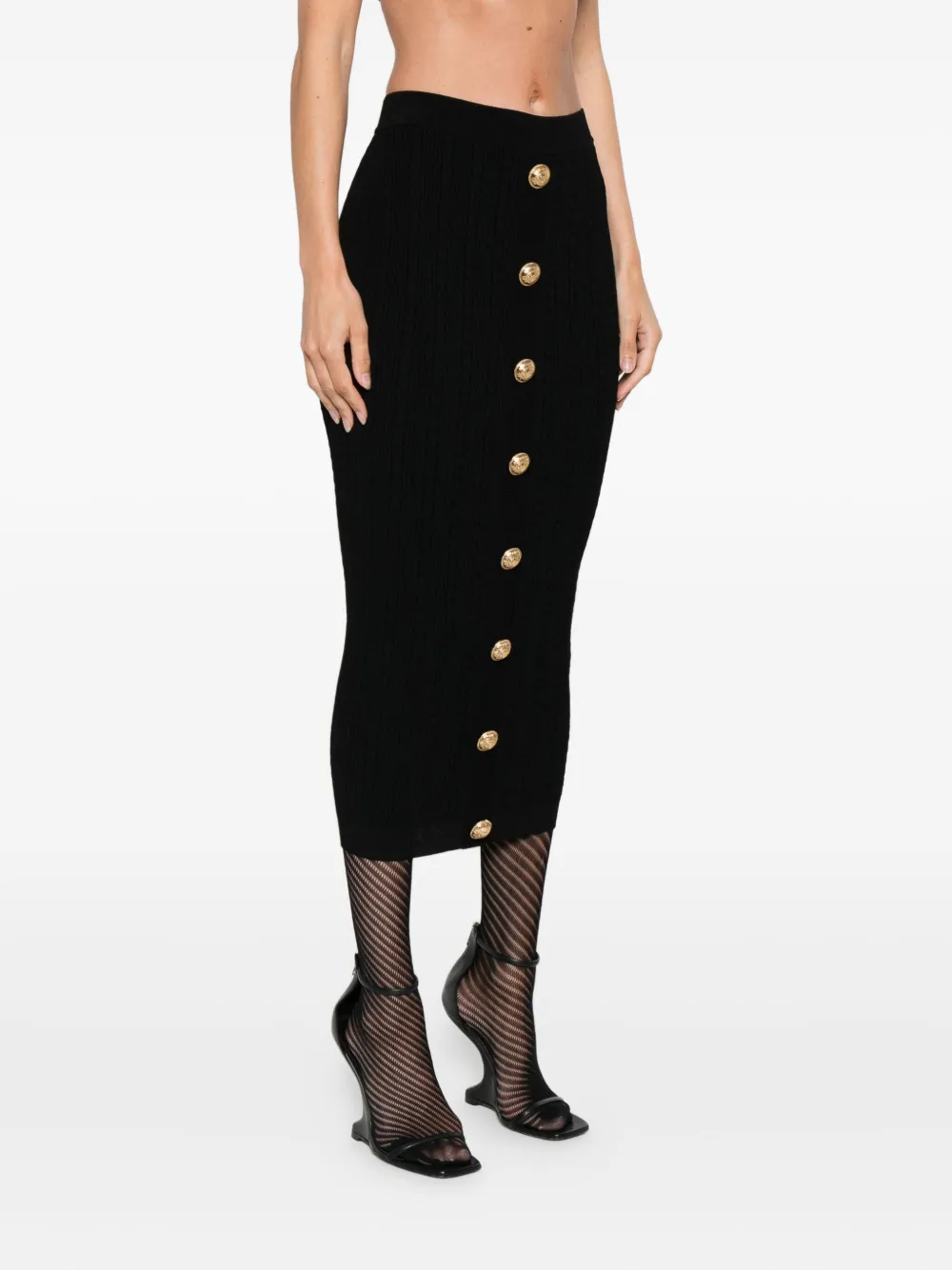 Balmain Kabelgebreide midi-rok met knopen Zwart