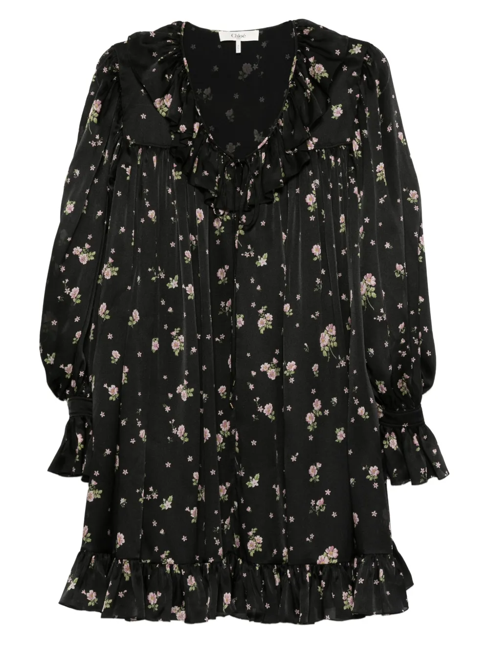 Chloé Mini-jurk met bloemenprint en ruches Zwart