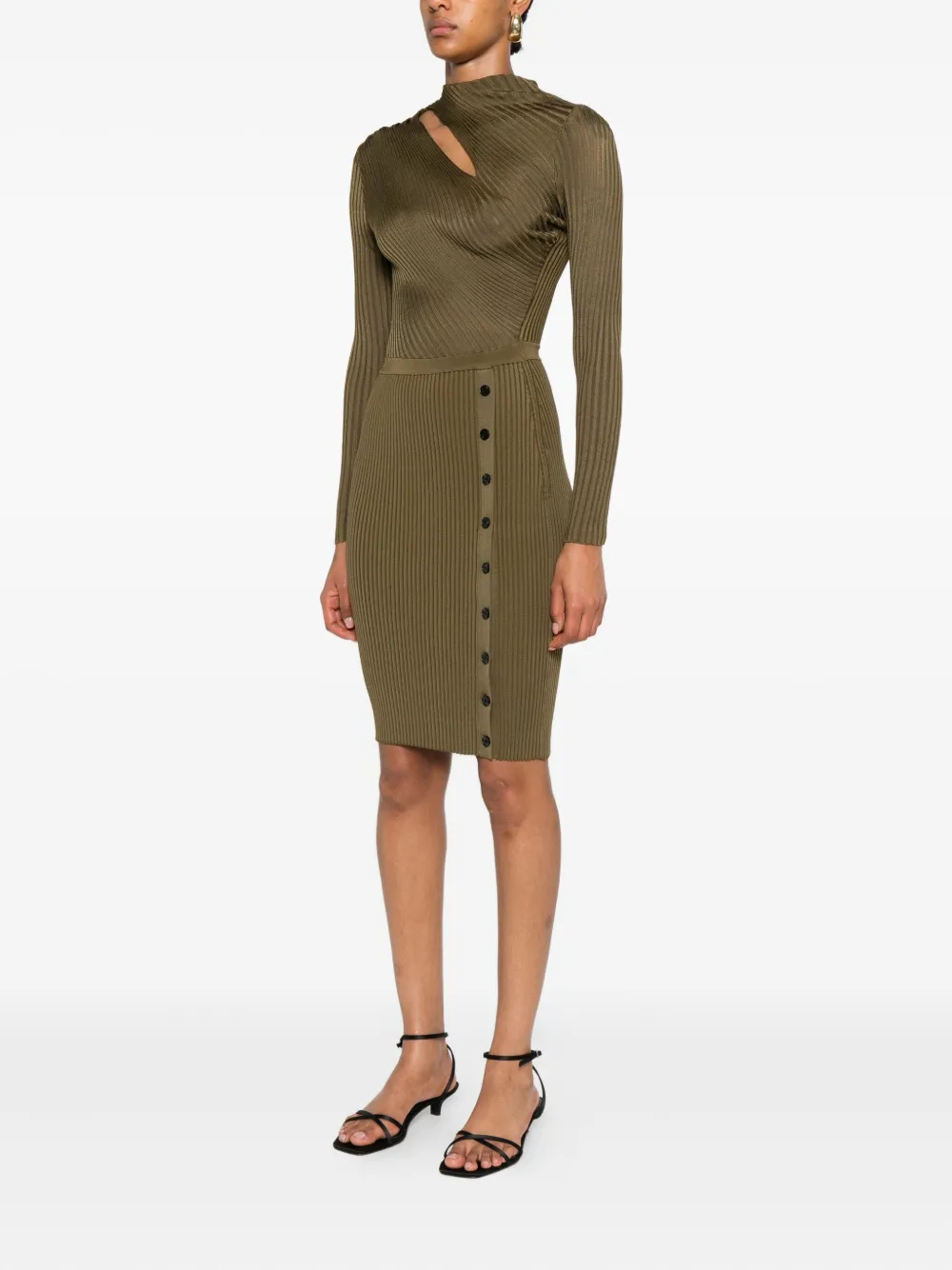 Self-Portrait ribbed button-detail dress Groen