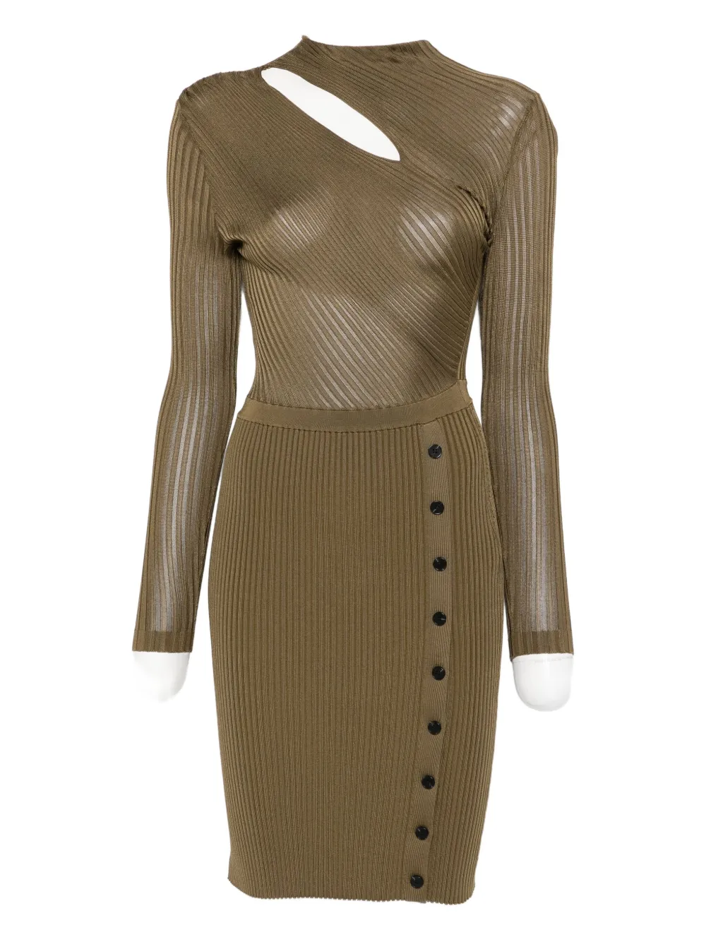 Self-portrait Ribbed Knit Mini Dress With Cut-outs In Khaki In Brown