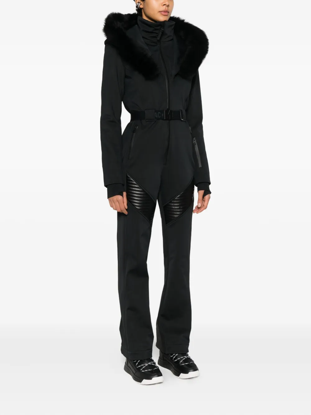 Mackage Elle Hooded Belted Shearling-trimmed Padded Ski Suit In Blue