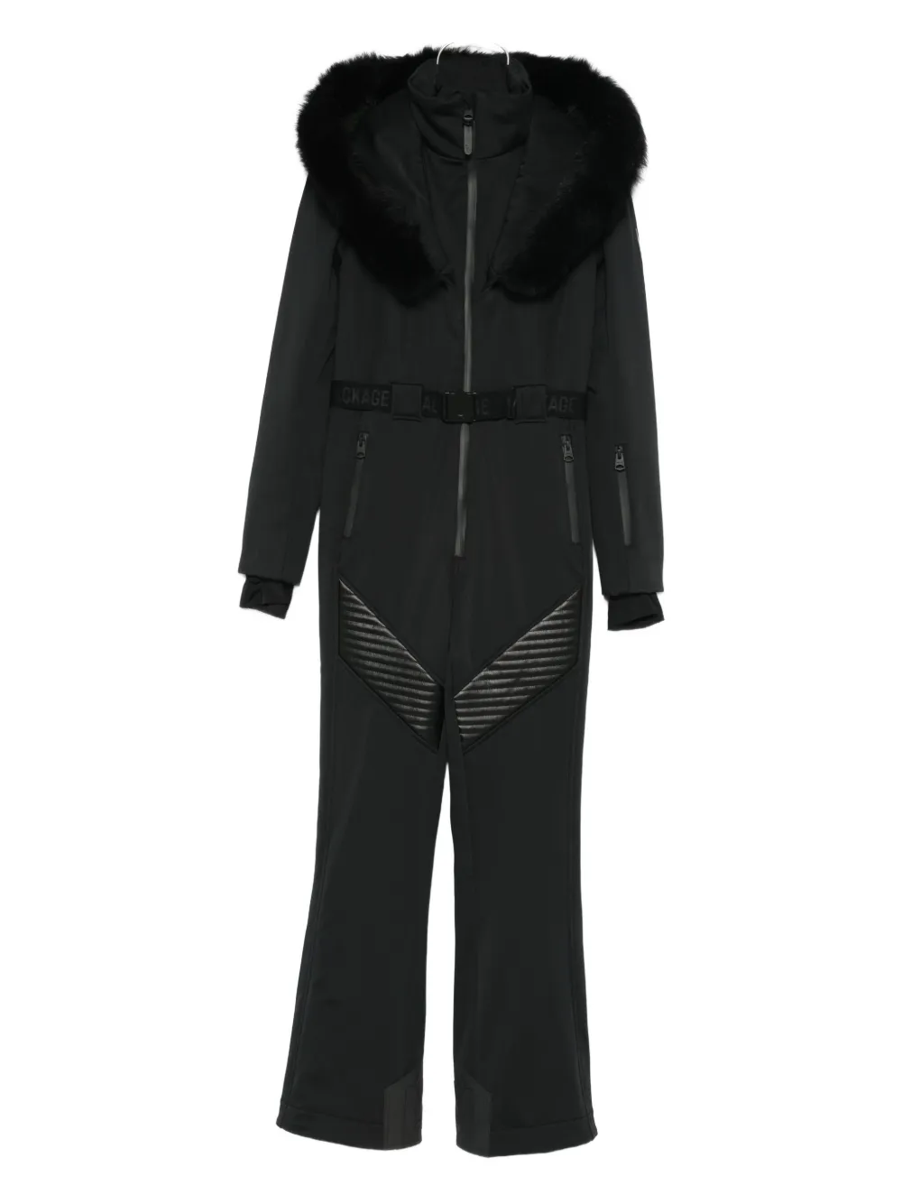 Mackage Elle Hooded Belted Shearling-trimmed Padded Ski Suit In Blue